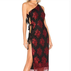 NWT Revolve Black Lace Midi Dress One Shoulder Leonardo Floral Tie Slit XXS